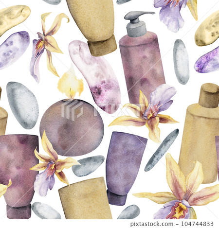 Hand drawn watercolor spa skincare bath beauty bottle and candles products package. Seamless pattern isolated on white background. For wall art, wellness resort, print, fabric, cover, card, booklet. Hand drawn watercolor spa skincare bath beauty bottle and candles products package. Seamless pattern isolated on white background. For wall art, wellness resort, print, fabric, cover, card, booklet. 104744833