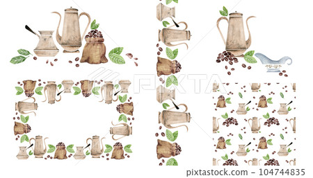 Watercolor hand drawn set of compositions with coffee cups, pots, beans, leaves, croissant, dishes. Isolated on white background. For invitations, cafe, restaurant food menu, print, website, cards Watercolor hand drawn set of compositions with coffee cups, pots, beans, leaves, croissant, dishes. Isolated on white background. For invitations, cafe, restaurant food menu, print, website, cards 104744835