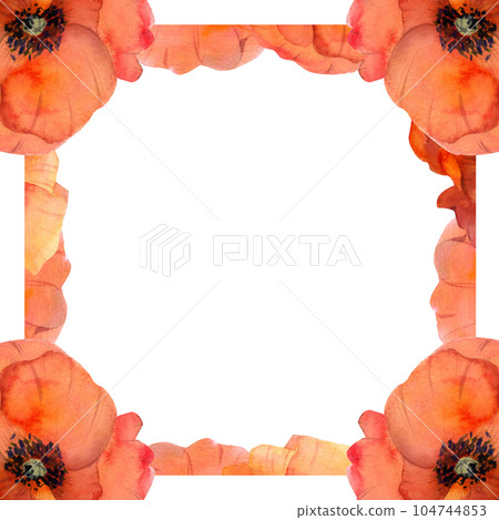 Watercolor square frame composition with hand drawn summer bright red poppy flowers. Isolated on white background. Design for invitations, wedding, love or greeting cards, paper, print, textile 104744853