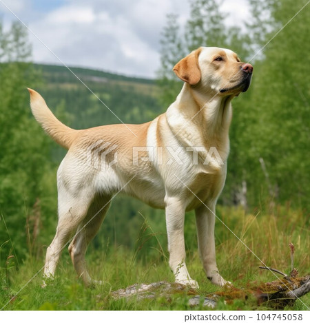 Labrador Retriever standing on the green meadow in summer. Labrador Retriever dog standing on the grass with summer landscape in the background. AI generated illustration. 104745058