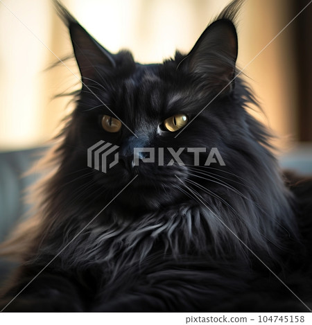 Portrait of a black Maine Coon cat lying on a sofa beside a window in a light room. Closeup face of a beautiful Maine Coon cat at home. Portrait of a grown Maine Coon cat with thick fur looking away. 104745158