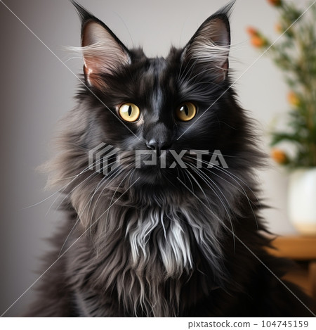 Portrait of a black Maine Coon cat sitting in a light room beside a window. Closeup face of a beautiful Maine Coon cat at home. Portrait of a cute Maine Coon cat with black fur looking at the camera. 104745159