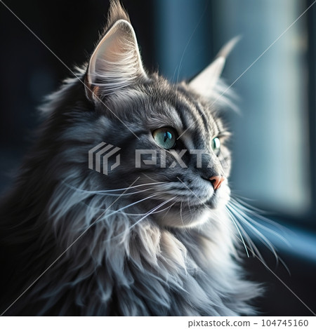 Portrait of a blue Maine Coon cat sitting in a light room beside a window. Closeup face of a beautiful Maine Coon cat at home. Portrait of a grown Maine Coon cat with blue fur looking out the window. 104745160