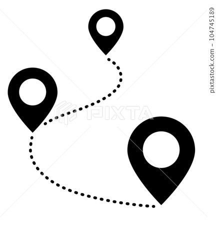 Pointer icon showing location and route on map 104745189