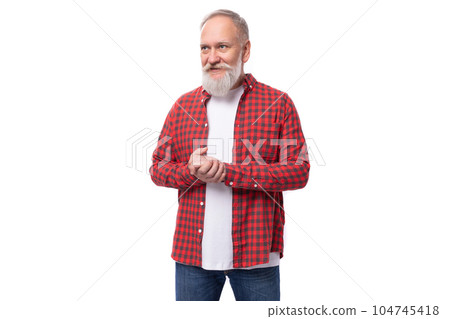 handsome 60s elderly man with gray beard in casual shirt handsome 60s elderly man with gray beard in casual shirt 104745418