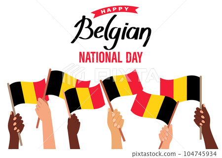 Belgian National Day. Hands with Belgian flags. Belgian independence day banner. Illustration, banner, vector 104745934