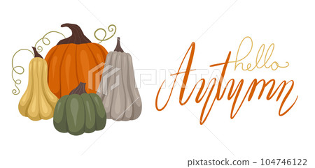 Quote hello autumn. Cozy autumn banner with pile vegetables and calligraphic inscription. Horizontal vector card with pumpkins composition Quote hello autumn. Cozy autumn banner with pile vegetables and calligraphic inscription. Horizontal vector card with pumpkins composition 104746122