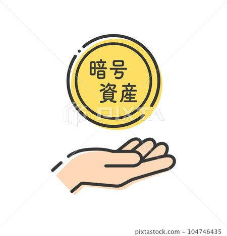 A simple illustration of a person's hand holding a cryptocurrency character and a coin - image material for cryptocurrency/virtual currency 104746435