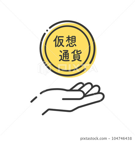 A simple illustration of a person's hand holding a virtual currency character and a coin - image material for cryptocurrency tokens 104746438