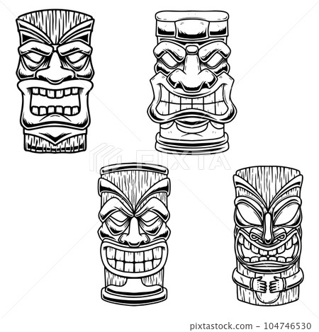 Set of Illustrations of Tiki tribal wooden mask. Design element for logo, emblem, sign, poster, card, banner. Vector illustration Set of Illustrations of Tiki tribal wooden mask. Design element for logo, emblem, sign, poster, card, banner. Vector illustration 104746530