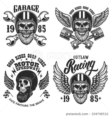 Set of the emblems with bearded skull in racer helmet with wings. Design element for logo, label, sign, emblem, poster, t shirt. Vector illustration 104746532