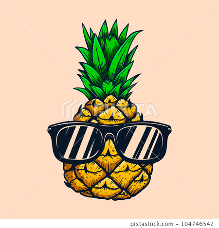 Illustration of pineapple with sunglasses in engraving style. Design element for poster, card, banner, sign. Vector illustration 104746542
