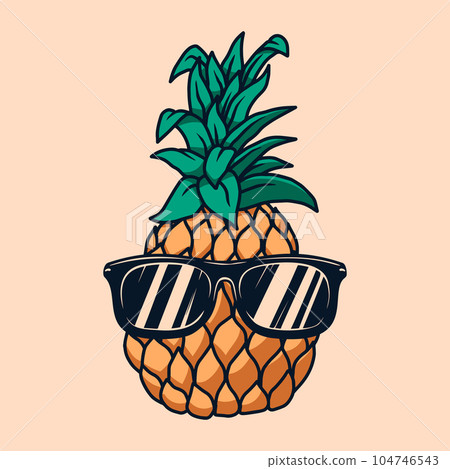 Illustration of pineapple with sunglasses in engraving style. Design element for poster, card, banner, sign. Vector illustration Illustration of pineapple with sunglasses in engraving style. Design element for poster, card, banner, sign. Vector illustration 104746543