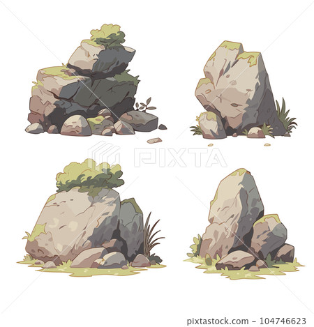Set of Rocks and stones. Collection of vector stone. The stones and shrubs. Stones of various shapes. A huge block of stones. Stone shard 104746623