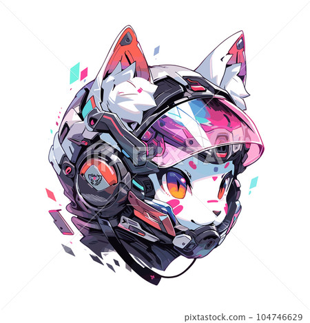 Anime cat in a motorcycle helmet. Futuristic cat print for your design. Vector illustration EPS10 Anime cat in a motorcycle helmet. Futuristic cat print for your design. Vector illustration EPS10 104746629