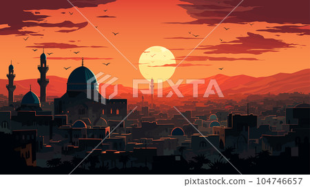 Arabian cityscape. Sunset town scenery. Old arabian cityscape. Horizontal illustration of big arab city at sunset. Vector illustration EPS10 Arabian cityscape. Sunset town scenery. Old arabian cityscape. Horizontal illustration of big arab city at sunset. Vector illustration EPS10 104746657