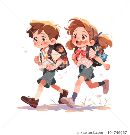 Boy and girl going to elementary or middle school. School children with school backpacks go to school. Vector illustration EPS10 104746667