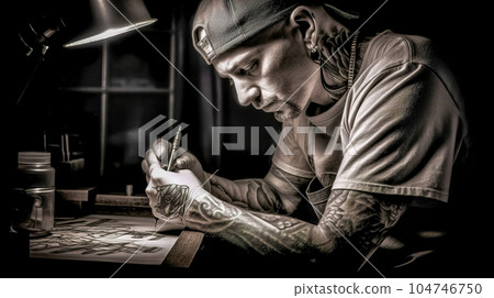 arm art person, tattooed man in art workshop, made with Generative AI 104746750
