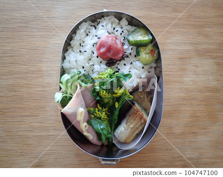 Bento box of kaiware ham rolls, eggplant boiled, and rape blossoms boiled Bento box of kaiware ham rolls, eggplant boiled, and rape blossoms boiled 104747100