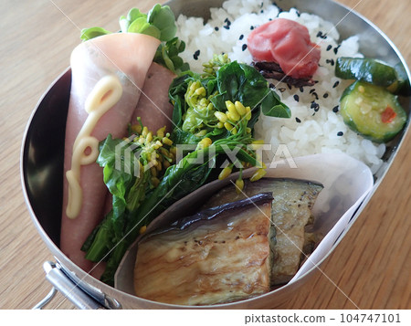 Bento box of kaiware ham rolls, eggplant boiled, and rape blossoms boiled Bento box of kaiware ham rolls, eggplant boiled, and rape blossoms boiled 104747101