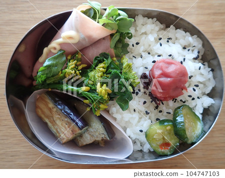 Bento box of kaiware ham rolls, eggplant boiled, and rape blossoms boiled Bento box of kaiware ham rolls, eggplant boiled, and rape blossoms boiled 104747103