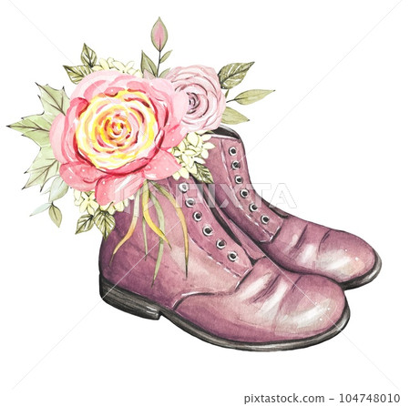 Vintage boots with flowers, watercolor illustration Vintage boots with flowers, watercolor illustration 104748010