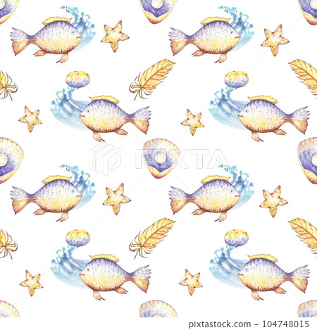 Watercolor ocean seamless pattern with fishes, in blue and yellow colors Watercolor ocean seamless pattern with fishes, in blue and yellow colors 104748015