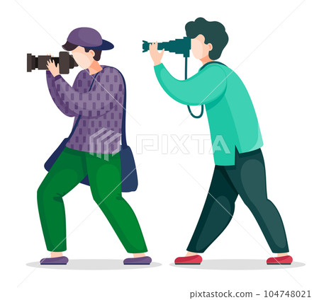 Two cartoon characters, photographers or paparazzi with photocameras isolated at white background Two cartoon characters, photographers or paparazzi with photocameras isolated at white background 104748021