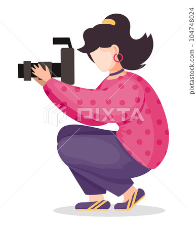 Girl photographer squatted down for taking photo at high resolution camera, vector character Girl photographer squatted down for taking photo at high resolution camera, vector character 104748024