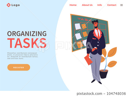 Executive businessman standing near board with work tasks, holding clipboard in hand, website Executive businessman standing near board with work tasks, holding clipboard in hand, website 104748036