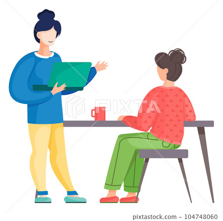 Women communicate at work. Workflow discussion of issues. Female character business consultation Women communicate at work. Workflow discussion of issues. Female character business consultation 104748060