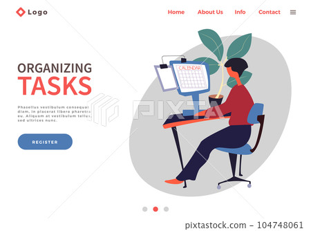 Landing page template with woman making organizing tasks. Planning and time management concept Landing page template with woman making organizing tasks. Planning and time management concept 104748061