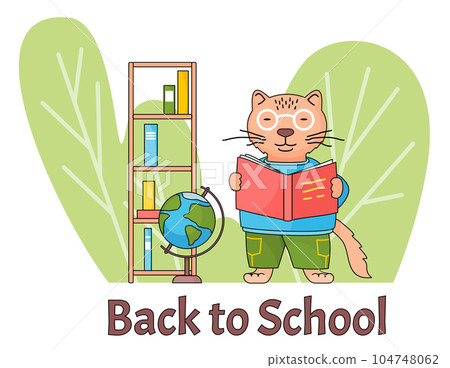 Back to school banner. Funny cartoon animal schoolboy smart cat, elementary school education concept 104748062