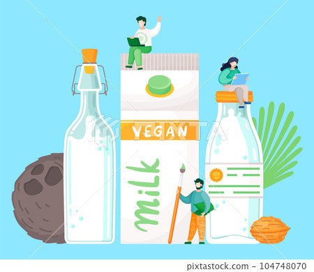 Designers, creators with laptop, artboard, pencil create free dairy milk product, vegan milk 104748070