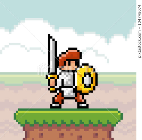 Pixel game character, hero, personage, knight wearing armor, with sword and shield at grass standing Pixel game character, hero, personage, knight wearing armor, with sword and shield at grass standing 104748074