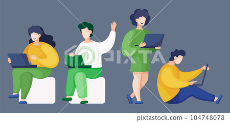 Men and women with laptop in different poses, set of characters with computers sitting, standing Men and women with laptop in different poses, set of characters with computers sitting, standing 104748078