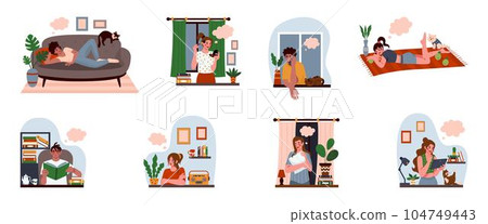 Dreaming people. Men and women at work and home think, relax person in rest dream, thoughtful daydreaming character. Girl and boy. Imagination and inspiration, vector tidy cartoon flat illustration Dreaming people. Men and women at work and home think, relax person in rest dream, thoughtful daydreaming character. Girl and boy. Imagination and inspiration, vector tidy cartoon flat illustration 104749443