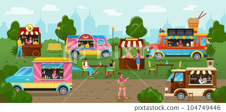 Street food. Park fair with meal festival event. City marketplace. Outdoor shops. Coffee and ice cream trucks. People eat takeaway snacks. Fastfood van. Pizza market. Vector tidy cartoon illustration Street food. Park fair with meal festival event. City marketplace. Outdoor shops. Coffee and ice cream trucks. People eat takeaway snacks. Fastfood van. Pizza market. Vector tidy cartoon illustration 104749446