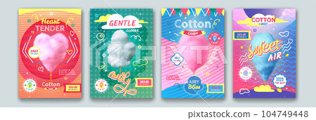 Cotton candy posters. Sweet sugar confectionery, nutrition snack flyer with text, fluffy floss promo banners. Packaging design. Festival or kids party food. Carnival dessert. Vector exact background Cotton candy posters. Sweet sugar confectionery, nutrition snack flyer with text, fluffy floss promo banners. Packaging design. Festival or kids party food. Carnival dessert. Vector exact background 104749448