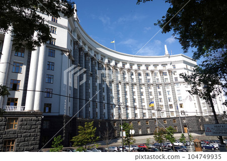 Kiev, Ukraine June 10, 2021: Facade of the building of the Government House of Ukraine in the city of Kiev Kiev, Ukraine June 10, 2021: Facade of the building of the Government House of Ukraine in the city of Kiev 104749935