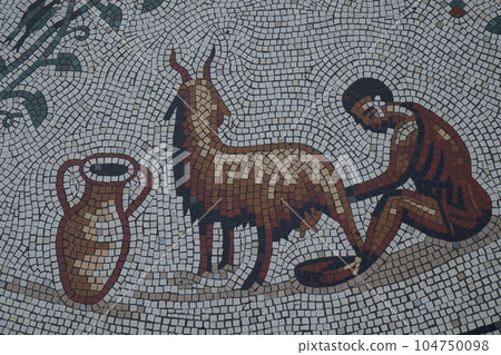Roman style mosaic in the Roman Gardens in Chester, England. 104750098