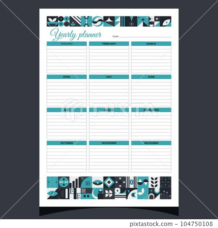 Yearly planner geometric. Yearly planner printable template with geometric shapes. Blank white notebook page A4. Vector illustration. 104750108