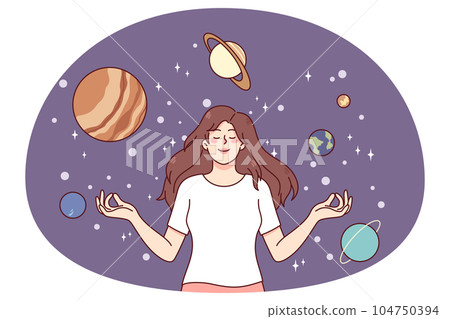 Happy girl meditate in imaginary universe 104750394