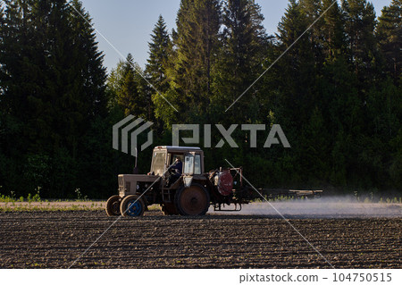 Farm tractor applies herbicides to potato crop using sprayer on boom. 104750515