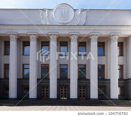 Kiev, Ukraine August 29, 2020: The building of the Verkhovna Rada of Ukraine in the city center of Kiev 104750782