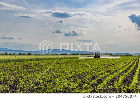 Tractor spraying pesticides 104750874