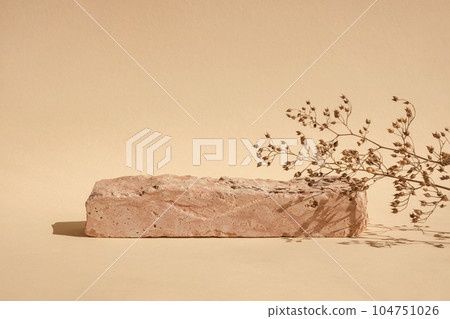 Stone Podium for promotion on beige Background. Natural pedestal. Two stone podiums with floral shadow. Beauty product mockup. Scene Stone Podium for promotion on beige Background. Natural pedestal. Two stone podiums with floral shadow. Beauty product mockup. Scene 104751026