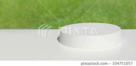 Podium for presentation. Blurred green grass background. Abstract geometrical form. Cylinder stone sphere. Shadow. Scene to show products. Showcase, display case. Trendy sunlight. Front view. 3D Podium for presentation. Blurred green grass background. Abstract geometrical form. Cylinder stone sphere. Shadow. Scene to show products. Showcase, display case. Trendy sunlight. Front view. 3D 104751057