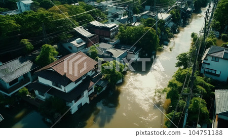 Residential area damaged by flood (AI generated) Residential area damaged by flood (AI generated) 104751188