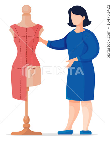 Woman stylist in blue dress standing near mannequin with unfinished dress, flat cartoon character 104751422